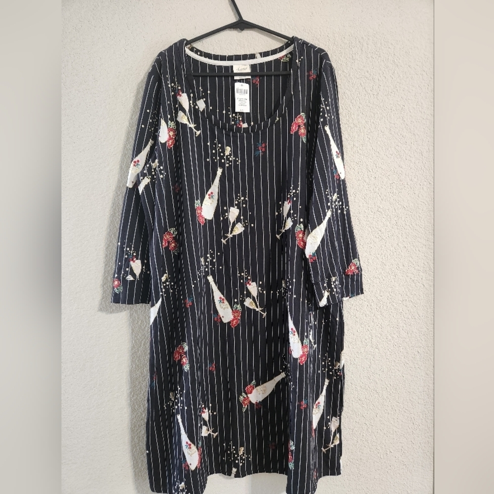 Soma NWT Embraceable Pajama Dress 3/4th sleeve sleep shirt Posh Party Black L